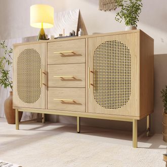 Matteo Rattan Sideboard Storage Cabinet with 2 Doors 3 Drawers in Light Oak