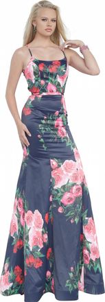 Jovani Floral Print Party Gown In Navy
