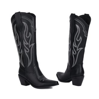 Generic Womens Western Knee-High Boots Faux Leather Rhinestone Embroidery Pointed Toe Mid Chunky Block Heels Soft Lining Durable Non-Slip Design,Black,3.5 UK