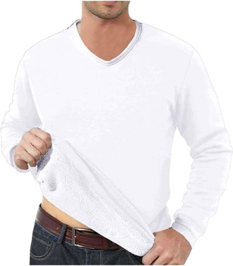 Generic Mens Jumper V Neck Fleece Lined Pullover Jumper Thermal Underwear Long Sleeve Casual Thickened Winter Warm Sweatshirts, White, L