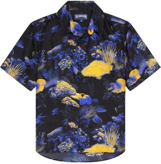 Vilebrequin Caroubis Silk Bowling Shirt - Heren - Korte mouwen Overhemden - Zwart - 2XL - Overhemden