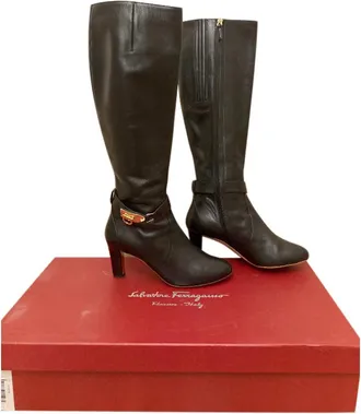 Ferragamo Ferragamo Black Leather Gancini Buckle Knee Boots Size 40