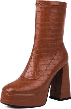 Generic Womens Ankle Boots With Crocodile Embossed Texture Chunky Block Heels Platform Sole Stretch Shaft Round Closed Toe Soft Inner Lining Durable Non-Slip 