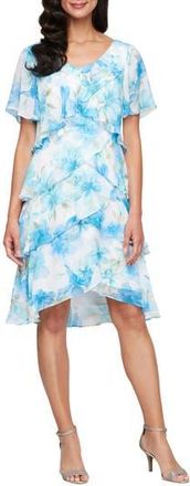 S.L. Fashions Floral Print Tiered Dress in Blue/Ivory Multi at Nordstrom Rack, Size 6