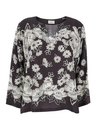 Parosh Black V-Neck Floral Shirt
