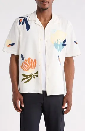 Wax London Didcot Embroidered Cotton & Linen Camp Shirt in Ecru/multi at Nordstrom, Size Xx-Large