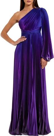 Mac Duggal Pleated Charmeuse One-Shoulder Flare Sleeve Gown in Violet Ombre at Nordstrom, Size 14