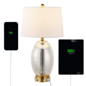 Jonathan Y Designs Reese 26.5 1-Outlet Contemporary Style Iron/Glass LED Table Lamp with USB Charging Port in Silver/brass Gold at Nordstrom