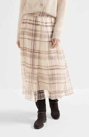 Brunello Cucinelli Macrocheck print pleated skirt in White at Nordstrom, Size 44 It
