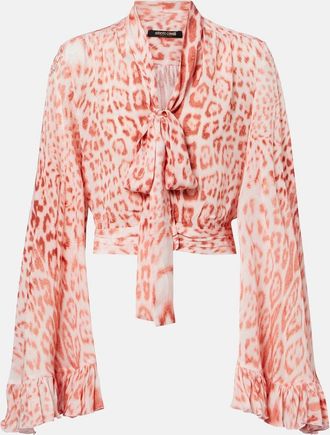 Roberto Cavalli Leopard-print tie-neck jersey blouse