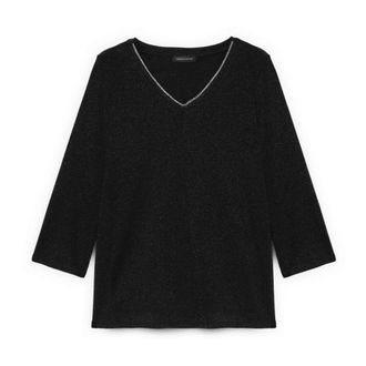 Fiorella Rubino Tops, Dames, Zwart, XS, Polyester, Lurex Jersey T-shirt met V-hals