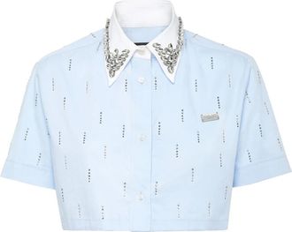 Philipp Plein Poplin Cropped Shirt SS Strass - Dames - Overhemden - Blauw - XS - Katoen - Overhemden