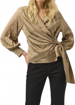 Joseph Ribkoff Animal Print Faux Wrap Long Puff Sleeves Top In Taupe