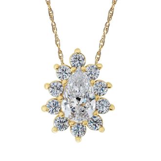 Pompeii3 1/2Ct Pear Shape Halo Lab Grown Diamond Pendant Necklace in White or Yellow Gold