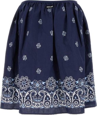 Miu Miu Womens Printed Poplin Skirt Blubianco Exterior: Cotton Linen Gonne