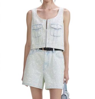Self Portrait Rhinestone Denim Cargo Top In Light Blue