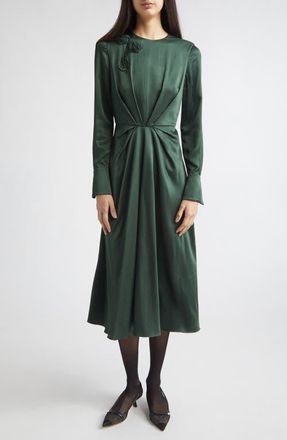 Erdem Embroidered Long Sleeve Satin Seersucker Midi Dress in Forest Green at Nordstrom, Size 14