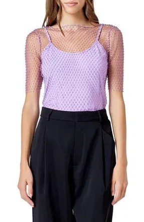 endless rose Embellished Mesh Top in Lilac at Nordstrom Rack, Size X-Small