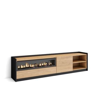 Skraut Home Mueble tv efecto madera roble negro 208x37x50cm chimenea efecto fuego