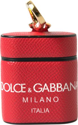 Dolce & Gabbana Womens Red Leather Gold Tone Metal Logo Print Airpods Case Accessory