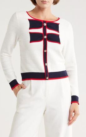 Adrianna Papell Contrast Tipped Bow Sweater in Ivory/Navy/Red at Nordstrom Rack, Size X-Large