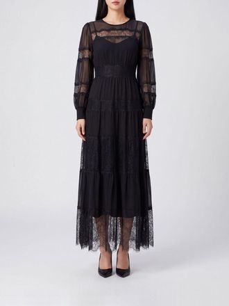 Twinset Georgette and Lace Midi Dress with Long Sleeves and Crew Neck