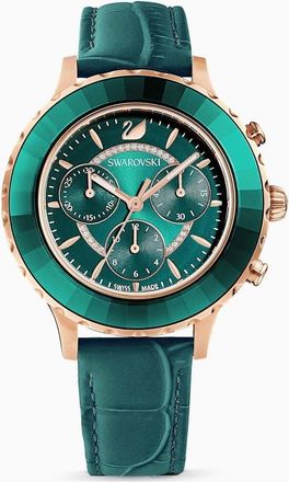 Swarovski Octea Lux Chrono Horloge, Leren Band, Groen, Rose-Goudkleurig PVD