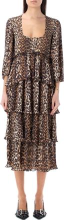 Ganni Pleated Georgette Leopard Midi Dress
