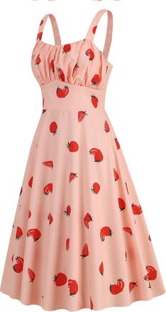 Generic Womens Vintage Sleeveless A-Line Midi Dress Cute Strawberry Cherry Floral Print Sweetheart Neck Sleeveless Cocktail Party Dresses Dresses for Women UK