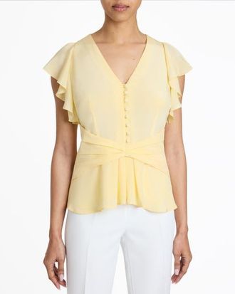 Santorelli ELLA Silk Flutter Sleeve Buttoned Blouse with Waist Panel in Chamomile at Nordstrom, Size 2S