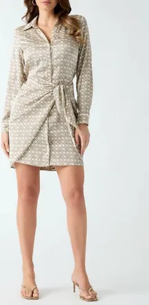 Guess Tie Waist Long Sleeve Satin Shirtdress in Pearl Print at Nordstrom, Size X-Large