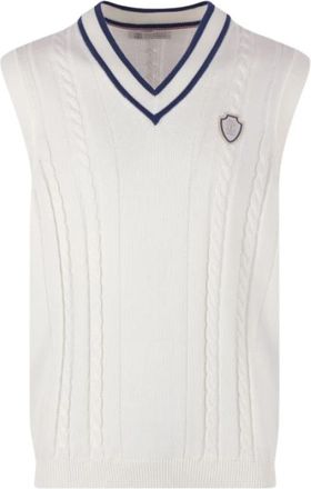 Brunello Cucinelli V-hals Mouwloze Gebreide Vest - Heren - Spencers - Wit - L - Katoen - Truien & Vesten