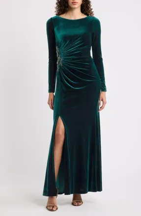 Eliza J Side Ruched Long Sleeve Velvet Gown in Hunter at Nordstrom, Size 10