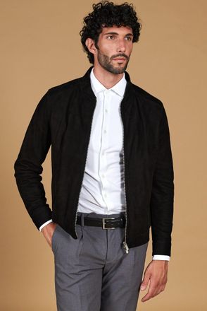 D'Arienzo Giacca in pelle scamosciata nera con cerniera DArienzo, Seleziona Taglia 54, Colore Nero