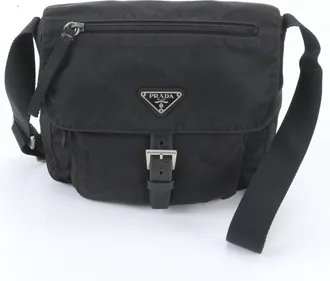 Prada Black Leather Nylon Messenger Bag Shoulder Bag (Pre-Owned)