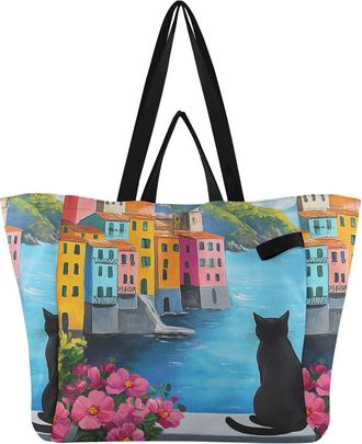 Generic Black Cat Flowers print Reusable Canvas Tote Bag, Heavy Duty Grocery Shopping Bag with Large Capacity Hard Bottom Double Handles Work Groceries Travel