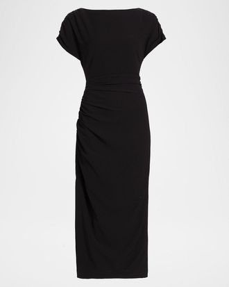 Lela Rose High-Neck Short-Sleeve Ruched Midi Dress