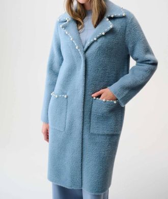 Joseph Ribkoff Feather Yarn Sweater Coat With Pearl Tri In Chambray
