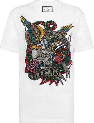 Philipp Plein Tops, Dames, Wit, S, Katoen, T-Shirt Ronde Hals Tattoo