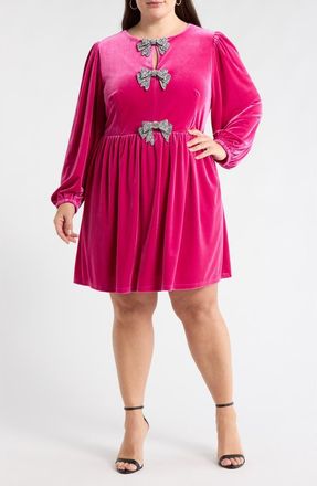 Sugarlips Glow Bow Velvet Long Sleeve Dress in Hotpink at Nordstrom, Size 1X