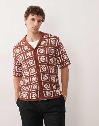 Only & Sons Camicia alluncinetto marrone ruggine con fiori color crema-Bianco