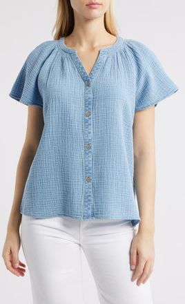 Beach Lunch Lounge Lark Cotton Gauze Button-Up Shirt in Blue Acid Wash at Nordstrom, Size X-Large