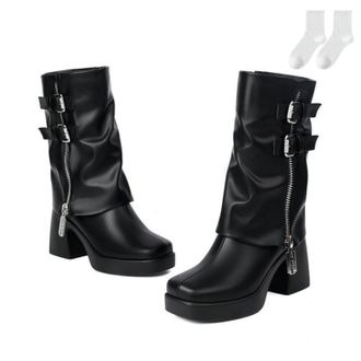 Generic Womens Mid-Calf Boots, Fashionable Slouch Boots with Side Zipper And Double Buckles, Comfortable Block Heel And Non-Slip Platform Sole, Autumn Winter 