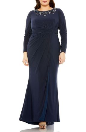 Mac Duggal Long Sleeve Embellished Neckline Jersey Gown in Midnight at Nordstrom, Size 18W