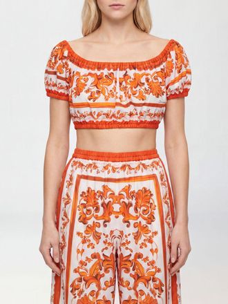 Dolce & Gabbana Top cropped in cotone con stampa Maioliche e scollo a barca
