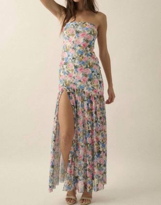 Promesa Mesh Strapless Maxi Dress In White Floral
