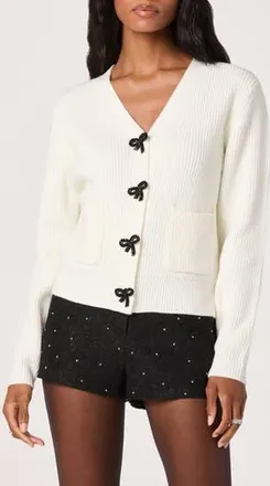 ASTR the Label Crystal Embellished Bow Detail Cardigan in Cream at Nordstrom Rack, Size Medium