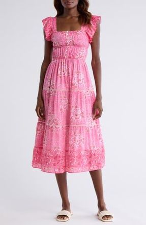 Alicia Bell Fleur Flutter Sleeve Cotton & Silk Cover-Up Midi Dress in Bright Pink at Nordstrom Rack, Size Medium