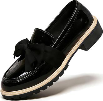 Generic Womens Patent Leather Bow Loafers Wide Width, Chunky Low Block Heel Round Toe Lug Sole Dress Shoes for Office Work (Black,7.5)