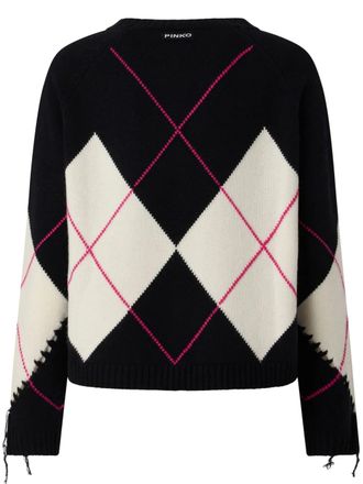 Pinko Cropped Black Argyle Sweater With Bold Cut-Out Details